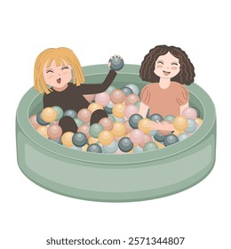 Happy kids playing in dry ball pool. Vector isolated illustration.