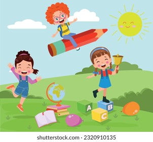Happy kids playing with educational toys in the park. Vector illustration.