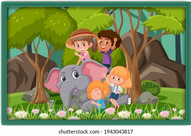 Happy kids playing with elephant photo in a frame illustration