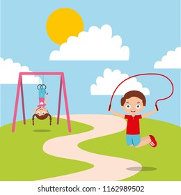happy kids playing jum rope and bar monkey enjoy
