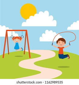 happy kids playing jum rope and bar monkey enjoy
