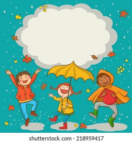 Happy Kids Playing Kids Jumping Around Placard With Umbrella Under The Rain. Autumn Background. Great Isolated Objects Can Be Use For School Children Book , Advertising , Post Cards And Etc. VECTOR.