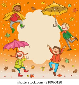 Happy Kids playing Kids jumping around placard with umbrella. Autumn background. Great Isolated objects can be use for school children book , advertising , post cards and etc. VECTOR.