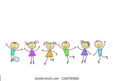 Happy kids playing and jumping. Vector illustration. Simple sketch.