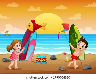 Happy kids playing kite on the beach illustration