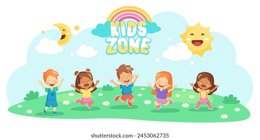 Happy kids playing male and female on playground vector template