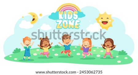 Happy kids playing male and female on playground vector template