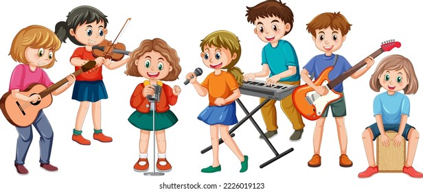 Happy kids playing musical instruments illustration