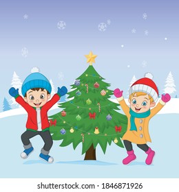 Happy kids playing near the christmas tree