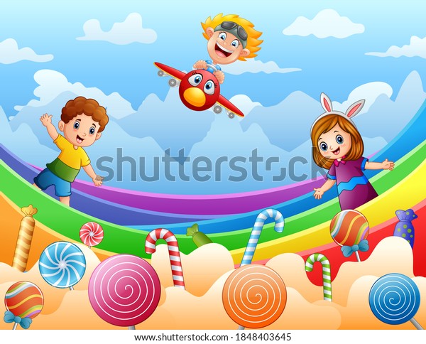 お菓子の国のイラストで遊ぶ幸せな子ども のベクター画像素材 ロイヤリティフリー