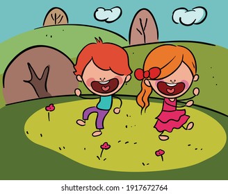 Happy Kids Playing on the ground Stock Illustration Vector 