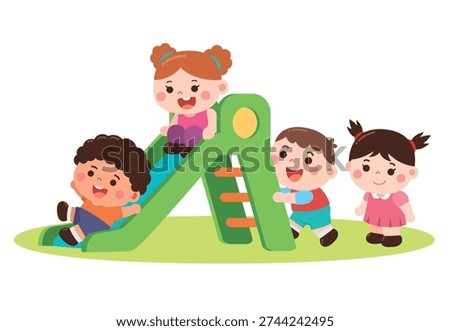 Happy Kids Playing on Playground Slide Cartoon Illustration