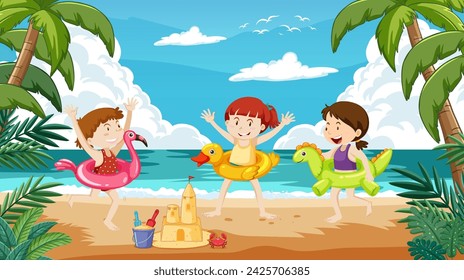 Happy kids playing on a sandy beach with toys