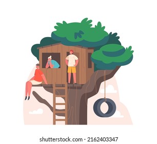 Happy Kids Playing on Treehouse, Friends or Siblings Spend Time Together. Joyful Children Characters Play at Wooden House on Tree, Having Outdoor Fun and Leisure. Cartoon People Vector Illustration