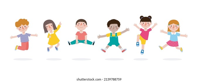 Happy Kids Playing Outdoor banner Template background, children jumping together, advertising brochure, your text, flat Funny cartoon isolated vector Illustration on white  background