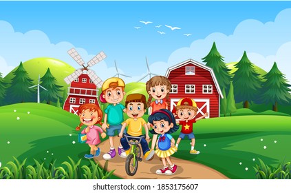 Happy kids playing outdoor nature illustration