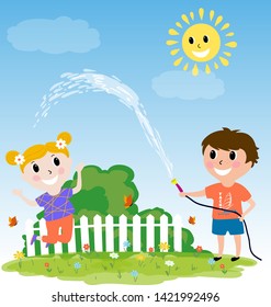 happy kids playing outdoors, boy hosing, cartoon design