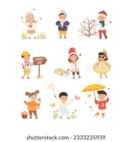 Happy kids playing outdoors at different seasons set. Boys and girls camping, sledding, picking mushrooms and walking under rain cartoon vector illustration