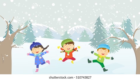 happy kids playing outdoors in winter