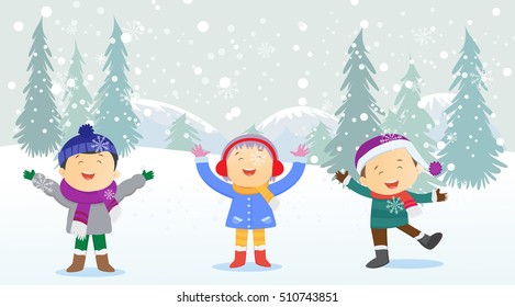 Happy Kids Playing Outdoors In Winter