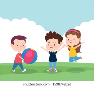 happy kids playing in the park with a ball, colorful design , vector illustration