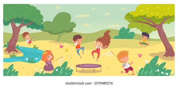 Happy Kids Playing In Park On Summer Day. Children Having Fun With Friends On Holiday Vacation. Group Of Cute Boys And Girls On Playground. Outdoor Activities In Nature Vector Illustration