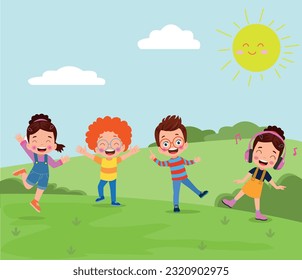 Happy kids playing in the park. Vector illustration of happy kids having fun outdoors.
