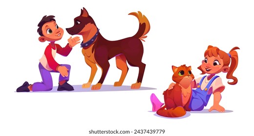 Happy kids playing with pets isolated on white background. Vector cartoon illustration of little girl hugging fluffy red cat, cute boy playing with dog, animal adoption, family care, friendship