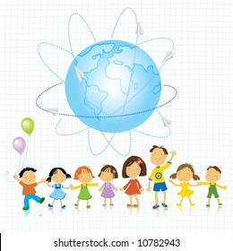 happy kids playing and planet earth vector illustration