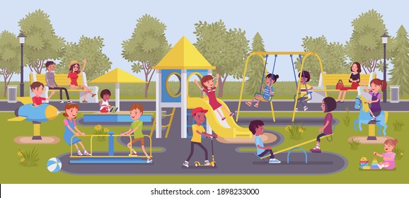 Happy kids playing in playground, leisure outside. Excited boys and girls, active children share fun with friends, outdoor bright park equipment for recreation. Vector flat style cartoon illustration