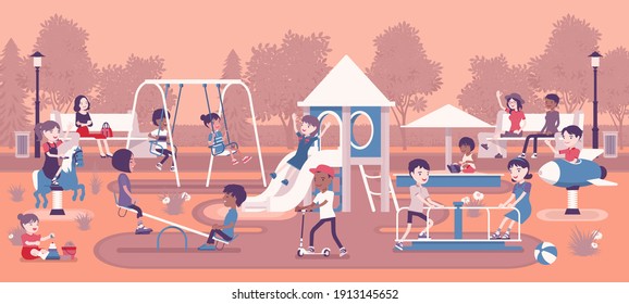 Happy kids playing in playground, leisure outside. Excited boys and girls, active children share fun with friends, outdoor bright park equipment for recreation. Vector creative stylized illustration