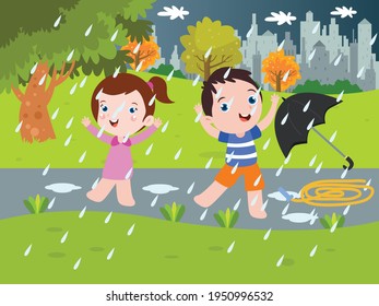 Happy kids playing in the rain vector concept for banner, website, illustration, landing page, flyer, etc.