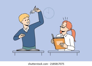 Happy Kids Playing At School Class On Break. Smiling Children Have Fun Throwing Paper Planes In Classroom. School Life And Childhood. Vector Illustration. 