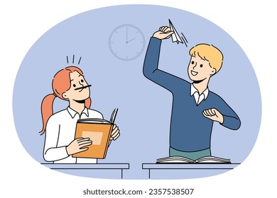 Happy kids playing at school class on break. Smiling children have fun throwing paper planes in classroom. School life and childhood. Vector illustration.