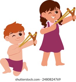 Happy Kids Playing Slingshot Illustration