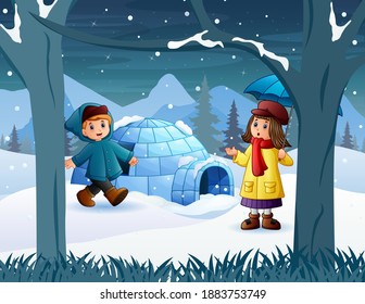 Happy kids playing in the snow field illustration