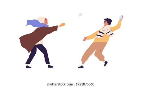 Happy kids playing snowball on winter holidays. Children throwing snow balls and have fun in wintertime. Colored flat vector illustration of friends spending time together isolated on white background