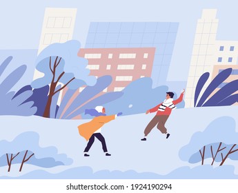 Niños felices jugando bola de nieve en el parque invernal de la ciudad en un clima frío y frío. Escena de niños tirando bolas de nieve al aire libre en invierno helado. Dibujo plano de dibujos animados de color ilustrado vectorial de juegos infantiles