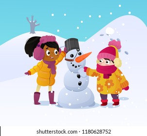 Happy kids playing with snowman.  Children building snow man playing outdoors on sunny snowy winter day. Outdoor fun on Christmas vacation. Vector illustration