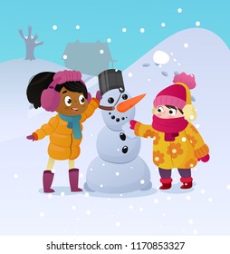 Happy kids playing with snowman. Funny little girs on a walk in the winter outdoors. Children building snow man playing outdoors on sunny snowy winter day. Outdoor fun on Christmas vacation. Vector.