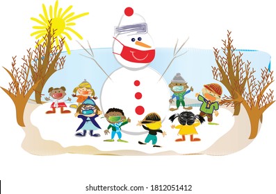 Happy kids playing with a snowman in snowy winter day outdoors. Fun on Christmas vacation while wearing face masks during the Coronavirus (Covid-19) pandemic. 