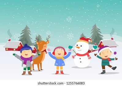 Happy Kids Playing With Snowman In Winter Season