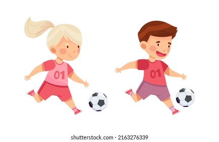 Happy kids playing soccer. Cute little children running with ball cartoon vector illustration