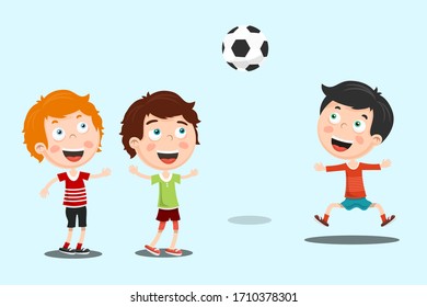 Happy Kids Playing Soccer. School Boys with Football Ball Vector Illustration.