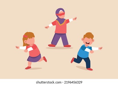 Happy kids playing tag blindfolded. Playing activity concept. Flat vector illustrations isolated.