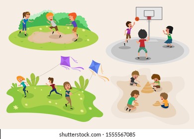 Happy kids playing together difference activities basketball, kite, forming sand, running on background. Template for advertising brochure, web site. Funny cartoon characters Set Illustration vector