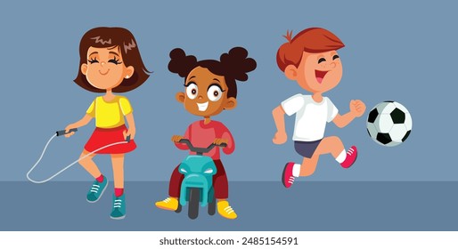 
Happy Kids Playing Together Vector Cartoon Illustration. Friends trying different outdoor activities staying healthy and active 
