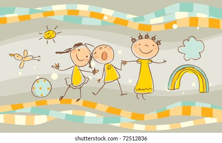 happy kids playing together vector drawing illustration