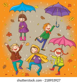 Happy Kids playing under rain.  Great Isolated objects can be use for school children book , advertising , post cards and etc. VECTOR.