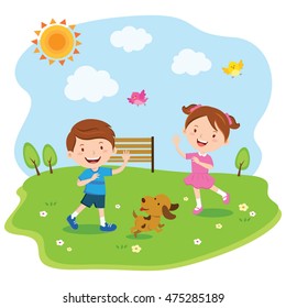 Happy kids playing under the sun. Vector illustration of a little boy and girl enjoy sunny day.